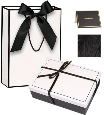 White Luxury Magnetic Gift Box with Lid, Ribbons and Gift Bag, Medium Size-9.8x7x3.3 Inches,Ideal for Men Women Birthdays,Christmas,New Year,Wedding,Anniversay,Valentine's Day(Black, White)