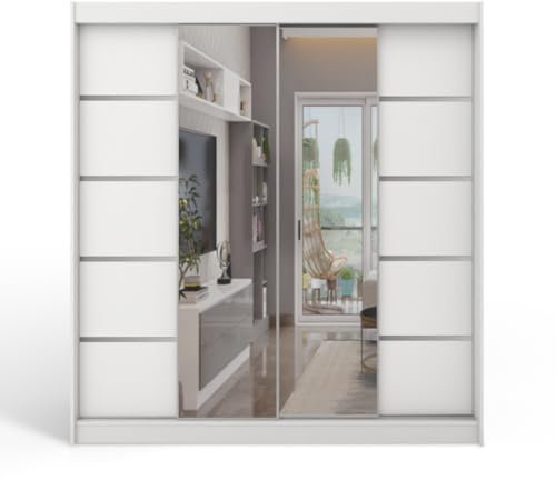 Gaba furniture White Series 200 cm Sliding Door Wardrobe with Mirror Widths 100/120/150/180/200/250 cm Furniture for Bedroom Living Room Wardrobe with Hanging Rail