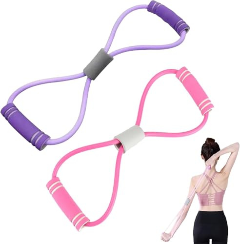 Saludea Bande de résistance avec poignées, bande de résistance en forme de 8, extenseur de poitrine, corde à tirer pour yoga, gym, fitness, 8 mots élastiques pour bras et épaules (violet, rose)
