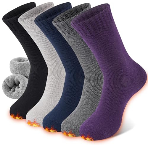 Niorasen Thermal Wool Socks for Women 5 Pairs Multipack, Ladies Warm Winter Walking Hiking Crew Socks for Boots, Thick Comfy Cushioned, Black & Multicolour, Valentines Birthday Gifts for Girlfriend