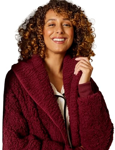 OHS Cardigans for Women Waterfall Teddy Fleece Long Sleeve Open Front Wrap Style Cardigan Sweater with Pockets Lightweight Ultra Soft Warm Cardigan Casual Wear & Lounging, Burgundy-L/XL