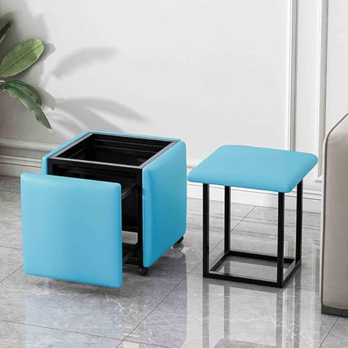 Sedia ottomana 5 in 1 impilabile a cubo, seduta in pelle nappa, telaio in acciaio al carbonio con ruote, versatile, divano per casa, sala da pranzo, sgabello salvaspazio blu (45 x 45 x 45 cm)