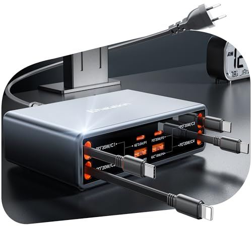HATALKIN 105W Cargador USB C Carga Rapida con Cable Retráctil, Estación de Carga GAN con 8 Puertos, Cargador USB Multiple Compatible con MacBook, iPad, Galaxy S26/25 Series, iPhone 17/16/15 Series