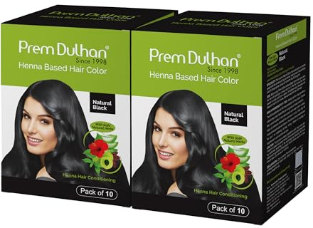 Prem Dulhan Henna Based Hair Color Powder – Natural Black | 20 Sachets x 10 g (200 g) | Ammonia & PPD Free