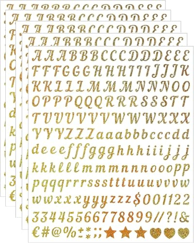 Nymora 5 Sheets Craft Letter Stickers, 1000 PCS Glitter Script Alphabet A-Z Vinyl Self Adhesive for Gift Wrapping, Party Cards, Wedding Invitations, Scrapbook, Journals, DIY Home Decor（Gold ）