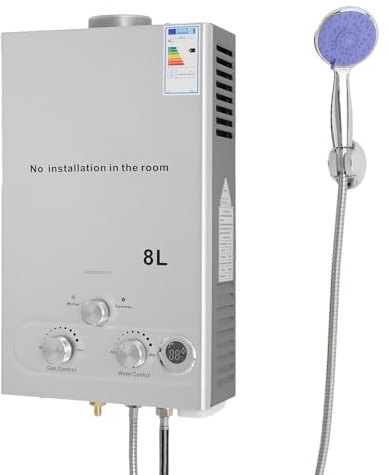 LPG - Chauffe-eau instantané - Capacité 8/12/16 l - Eau chaude instantanée avec pommeau de douche et tuyau - Chauffage à gaz mobile pour camping, caravane et jardin - Haute efficacité (≥80,8