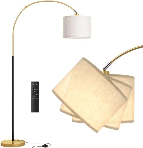 PreeOtti Arc Floor Lamp, Black and Gold Standing Lamp with Remote Control and White shade, Modern Tall Lamp Corner Lamp for Living Room Bedroom Dorm Office, Dimmable 3 Color Temperature, Bulb Included