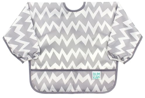 Bumkins Sleeved Bib, Handy Tie Closure for Custom Fit, Catch-All Pocket, Baby-Led Weaning, Waterproof, Machine Washable, Stain & Odour Resistant, BPA Free, 6-24 Months, Grey Chevron Design