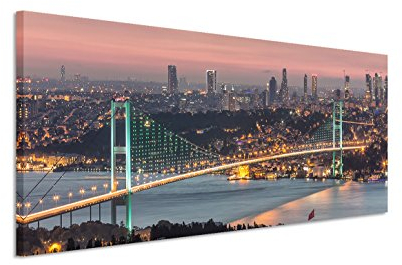 150x50cm Leinwandbild auf Keilrahmen Istanbul Bosporus Brücke Stadt Lichter Nacht Wandbild auf Leinwand als Panorama