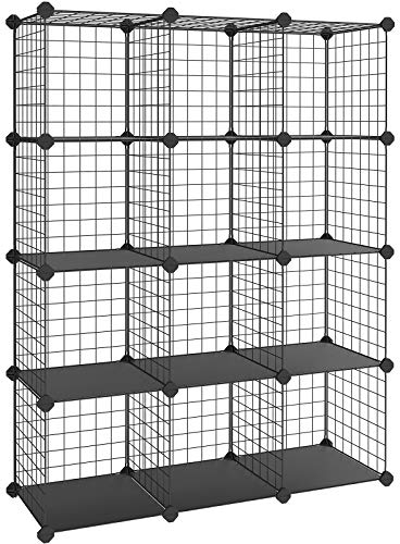 SONGMICS 12-Cube Wire Grid Storage Rack, Interlocking Shelving Unit with Metal Mesh Shelves and PP Plastic Sheets, for Books Shoes Clothes Tools, in Living Room Bathroom, Black LPI34H