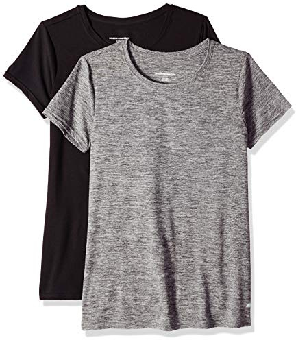 Amazon Essentials Women's Active Quick Dry Tech Stretch Short-Sleeve Crewneck T-Shirt, Pack of 2, Black/Dark Grey Space Dye, Medium