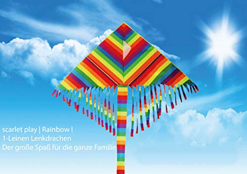 Scarlet Play | Einleiner Lenkdrachen »Rainbow I« mit Leine für 30 m Abstand; Größe: ca. 60 x 120 cm; Flugdrachen in Regenbogenfarben mit Streifenschwanz und Troddeln