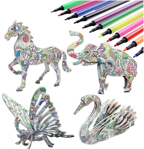 Jiaweixiang 3D Coloring Puzzles Crafts for Girls and Boys Ages 5-12, 4 Animal Puzzles with 12 Pen Markers, Creative Arts and Crafts Kits for Kids Ages 8 9 10 11 12, Birthday and Children's Day Gift