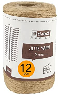 D.RECT Cordon en Jute Naturel Marron 50 m, 12 pièces - Cordon d'emballage pour Cadeau, Bricolage, Décoration, 2 mm d'épaisseur
