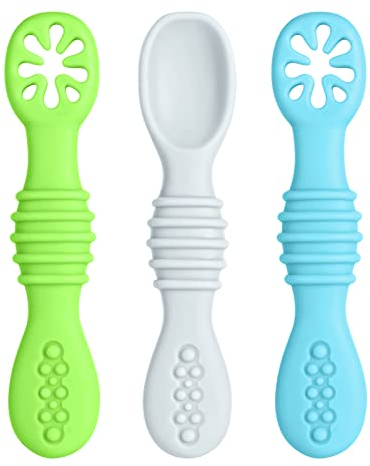 Vicloon Baby Lernlöffel Silikon,3 Stück Starter Breilöffel Set, BPA Frei,Fütterlöffel und Zahnungshilfe für Baby & Kleinkind Säugling Kinder ab 4 Monate(blau+grün+grau)