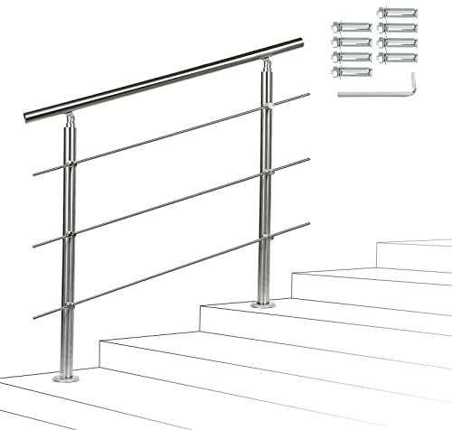 Yakimz Ringhiera per scale in acciaio inox, 160 cm, con 3 barre trasversali, corrimano regolabile, ringhiera esterna ed interna per scale, giardino, M-CT4029-1z