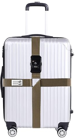 Koffergurt mit Zahlenschloss TSA Kofferband Adressschild Verstellbar Kreuzgurt mit Kofferanhänger Bunt Gepäckgurt Gepäckband für 20-32 Zoll Reise Koffer Reisezubehör (Khaki-TSA)