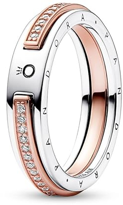 PANDORA Signature Anillo en 2 tonos con logotipo y engaste pavé, talla 48