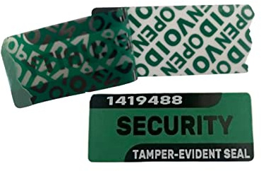 Gröna säkerhetsetiketter x 100. Tamper Evident Stickers Tätningar med svartvitt tryck och unikt serienummer. Meddelande om annullering.