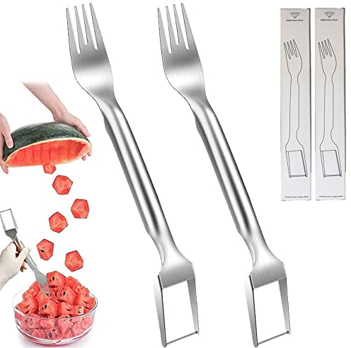2 pezzi affettatrici per meloni e angurie, taglierina a forchetta 2 in 1, per anguria, per melone, in acciaio inox, per cucina, festa di famiglia, campeggio