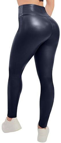 Love My Fashions ® Legging en similicuir doux pour femme - En polaire synthétique - Effet mouillé - Taille élastique - Pantalon long, bleu marine, 36-38