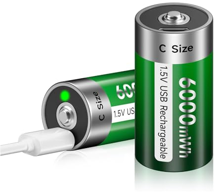 Batería Baby C USB 6000 mWh – Pack de 2 Pilas 1,5 V/Litio Recargables Baby C Lr14 Batería USB Recargable Alta Capacidad con Cable de Carga Tipo C, Indicador de Carga LED, Carga Rápida 3 Horas