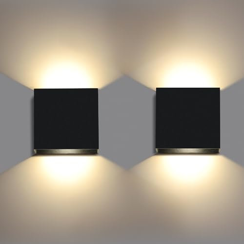 Clevich LED Wall Lights 2Pcs, 12W Up Down Wall Sconce Lighting, Black Modern Square COB Indoor Lights for Bedroom, Hallway & Stairs, Warm White 4000K