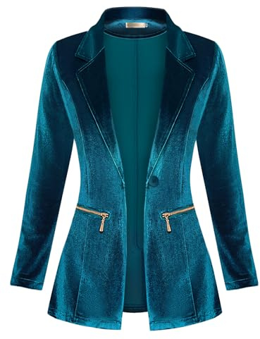 Genhoo Women's Velvet Blazer Jackets Casual Long Sleeve Lapel Collar Zipper Pocketed Blazer Suits Work Outfits Dark Blue Medium