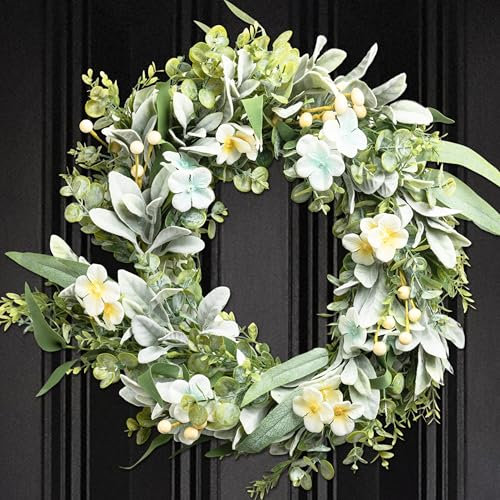 Perfnique Spring Summer Wreaths for Front Door, Lambs Ear Wreath with Hydrangeas Flower and Eucalyptus Leaves, 20'' Green Artificial Wreath for Porch Window, Farmhouse Wreath for Wall Decor (Greenery)