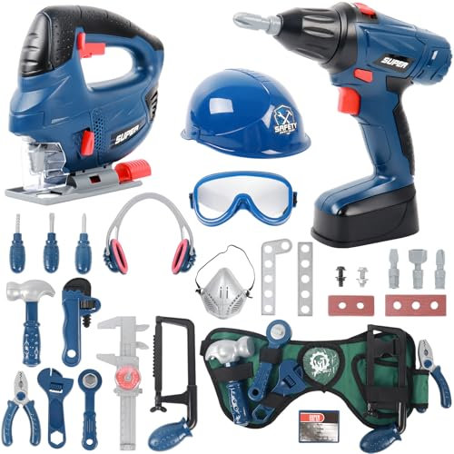 deAO Kinder-Werkzeug-Set mit Werkzeuggürtel, Batteriebetriebener Elektrische Spielzeug Bohrmaschine und Stichsäge, Licht und Soundeffekten, Werkzeug Spielzeug Set mit Zubehör für Kinder ab 3 Jahren