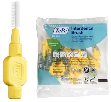 TePe Interdental Brush, Extra Soft, Yellow, 0.7mm/ISO 4, 20pcs, efficient cleaning between teeth, plaque remover, dental flosser for small gaps