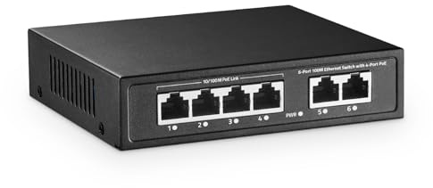 YuLinca Switch mini PoE a 6 porte PoE+, 2 uplink Fast Ethernet 10/100 Mbit/s, 65 W 802.3af/at PoE, senza ventola, in metallo