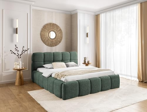 FURNISTAR Lit rembourré Sofia 160 x 200 cm avec coffre de lit, lit double avec espace de rangement et sommier à lattes, aspect boxspring, sans matelas, lit - vert bouteille