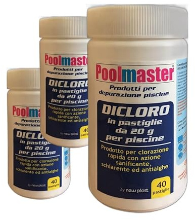 New Plast 0530 - Dicloro in Pastiglie da 20 g Polifunzionale per Acqua Piscina, Barattolo 40 Pastiglie, 1Kg (dicloro, 3)