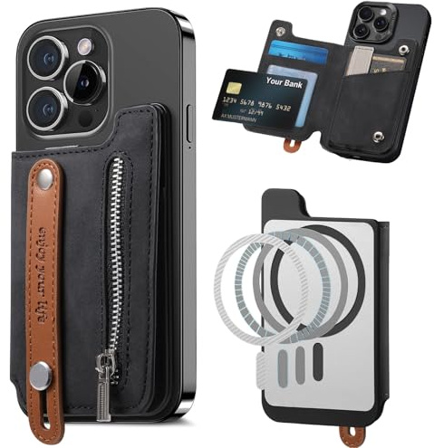Ysnzaq Compatible con Magsafe Wallet, Cartera mag-Safe Tarjetero Movil con Cremallera y Soporte, 5 Tarjetas, Billetera Magnético de Cuero iPhone 16/15/14/13/12, NO para 13/12 Mini-SDLW Black