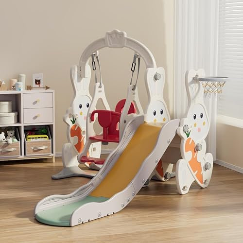 Rutsche Outdoor, 4 in 1 Kinderrutsche Mit Schaukel, Klettergerüst, Basketballkorb, Indoor Outdoor Kinder Spielplatz Mit Hasendesign, Freistehende Rutschen Für Kleinkinder 1-6 Jahr(Weiß-C)
