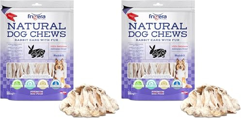 Frigera Oreilles de Lapin avec Poils 250g – Friandises Naturelles et Riches en protéines pour Chiens, Barf, sans Gluten ni céréales, Faible Odeur (Lot de 2)