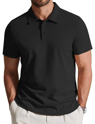 COOFANDY Mens Cotton Black Polo Shirt Short Sleeve Golf Shirts 3 Buttons Casual Work T Shirts
