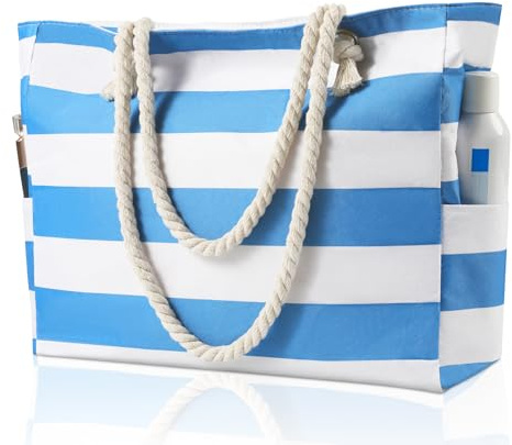 Large Beach Bags for Women - Waterproof Tote Measures 16x14x5.2 for ample storage; Features multiple pockets, compact foldable design for beach, travel, sports, pool, shopping and daily use.