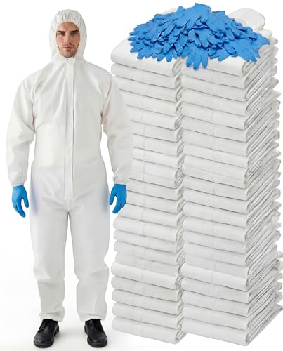 Nuanchu 40 Pack Hazmat Suits Bulk Disposable Protective Coverall for Men Women with Gloves Full Body Painter Wrist Ankle Hood(XL)