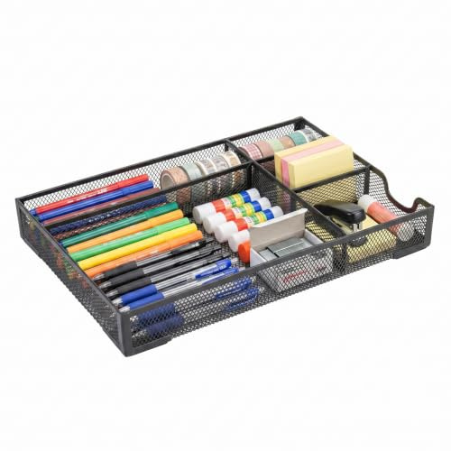 EVERGOODS Metal Mesh Drawer Organizer Tray, 5 Compartment Desk Storage Basket, Multipurpose Desktop Organiser for Files, Pens, Mail & Office Supplies, Stable Non-Slip Metal Storage Tray (Black)