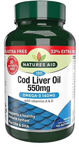 Natures Aid Cod Liver Oil 550mg Softgels – High Strength Omega-3 Fish Oil with Vitamins A, D Plus EPA & DHA – Supports Healthy Immune System Heart Health Brain Vision Joints – Non-GMO – 120 Capsules