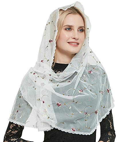 Leimandy Orthodoxer Schleier mit Blumen bestickt Katholische Kapelle Mantilla Voile V50 Elfenbein One Size, Elfenbeinfarbener Schleier, One size