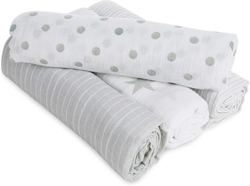 aden + anais essentials 100% Cotton Muslin Swaddle & Receiving Blanket for Baby Girls & Boys, 112x112cm, Newborn Swaddling Set, Infant & Toddler Shower Gift, 4 Pack, dusty