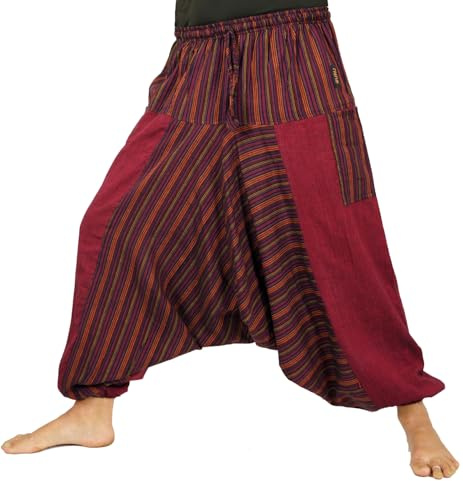 GURU-SHOP, Pantalones Harem, Pantalones Patchwork Rayados Puder, Pantalones Pumph, Pantalones Aladdin, Rojo Vino, Algodón, Tamaño:40, Pantalones de Hombre