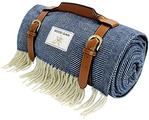 Good Gain Premium Wolle Picknickdecke mit wasserdichter Unterlage und PU-Griff, Extra Groß 60 x 81 Decke für Camping, Reisen, Familienwandern, Waschbar und Faltbare Strandmatte, Blau
