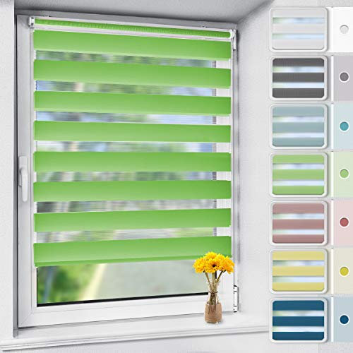 Vkele Doppelrollo Klemmfix ohne Bohren, 55x140cm(BxH) Grün, Duo Rollo Zebrarollo Fensterrollo für Fenster und Tür, Lichtdurchlässig Verdunkelnd, Seitenzugrollo Sonnenschutz Sichtschutz