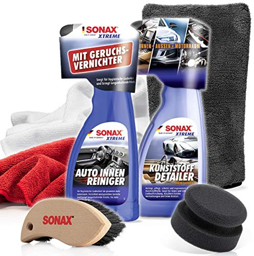 detailmate Set d'entretien pour voiture : SONAX Xtreme nettoyant intérieur 500ml + detailer plastique intérieur + extérieur 500ml + 2X chiffon microfibre + brosse cuir + gant d'entretien + applicateur