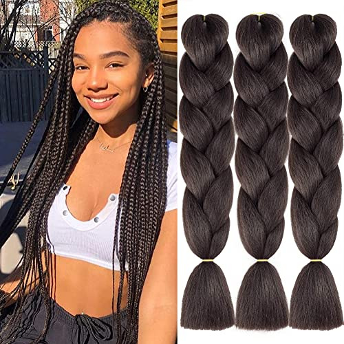 Jumbo Braiding Hair for Women 24 Inch 3PCS/Lot Ombre Jumbo Braiding Hair Extension Kanekalon High Temperature Jumbo Braids for Twist Crochet Braiding Hair (Dark brown)