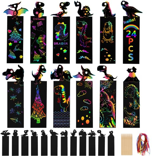 24 Stück Kratzbilder Für Kinder, Kratzbilder Lesezeichen, Lesezeichen Kinder mit Holzstiften und Bändern，Lesezeichen Personalisiert Mitgebsel Kindergeburtstag Junge und Mädchen.